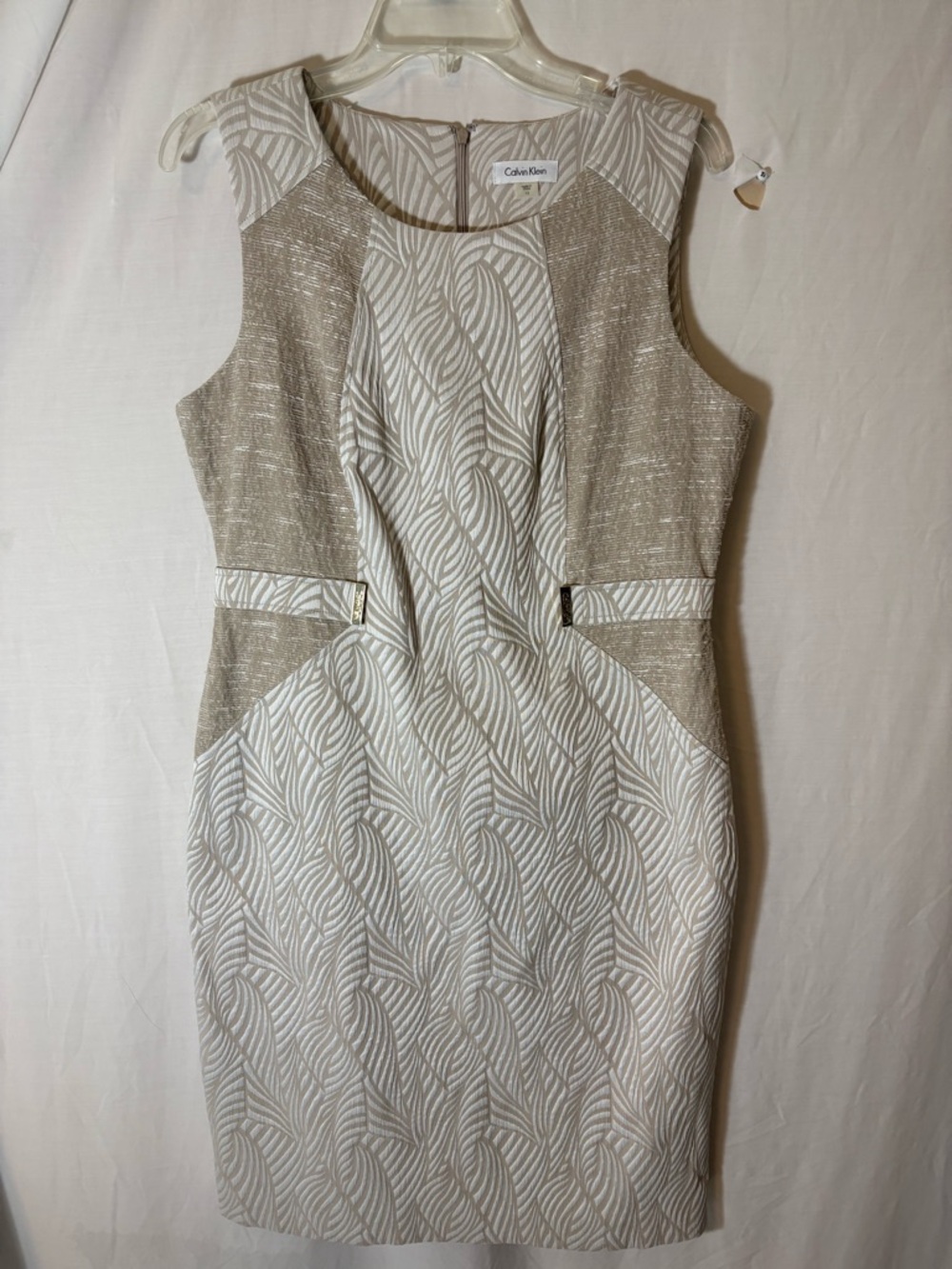 Calvin Klein Ivory and Beige Textured Sheath Midi Dress